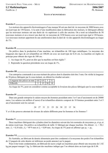 Feuille d'exercices sur les tests - Laboratoire de MathÃ©matiques et ...