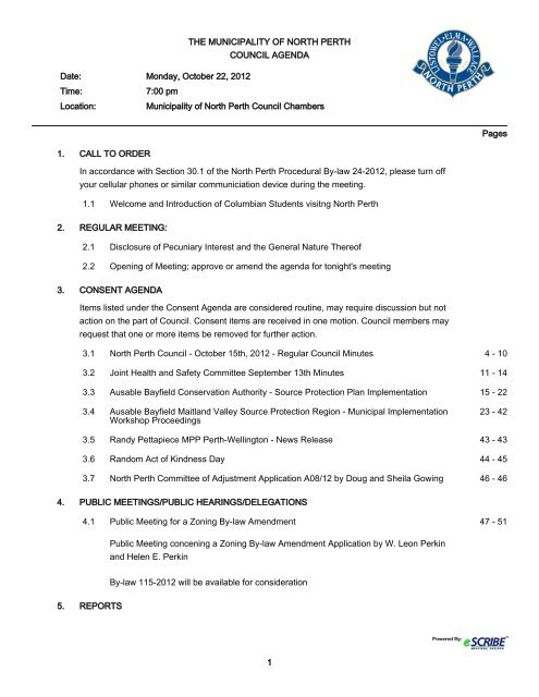 1 THE MUNICIPALITY OF NORTH PERTH COUNCIL AGENDA Date ...