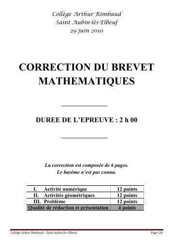 Correction du brevet 2010 mathÃ©matiques - CollÃ¨ge Arthur Rimbaud