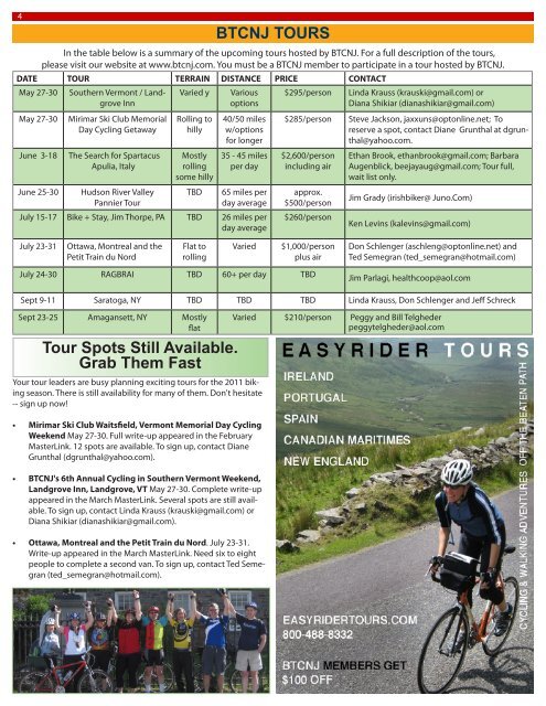 BtCnJ tOUrs - the Bicycle Touring Club of North Jersey