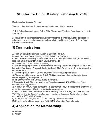 UNION MEETING MINUTES 2008-02-06 FEBRUARY ... - Branch 3825