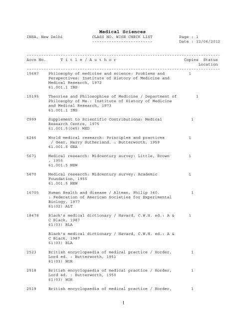 1 Medical Sciences - Indian National Science Academy