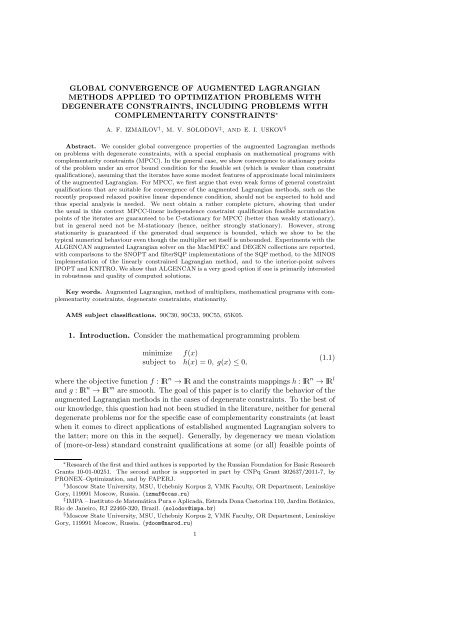 Augmented Lagrangian methods applied to optimization problems ...