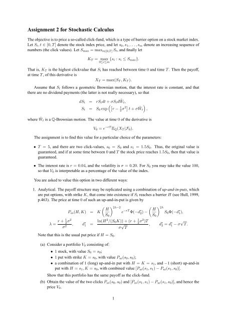Assignment 2 for Stochastic Calculus