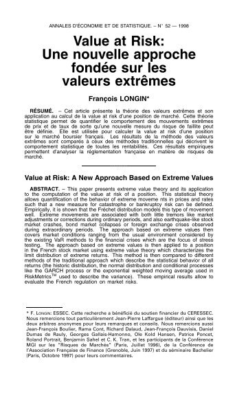 Value at Risk - Annales d'Ã©conomie et de statistique