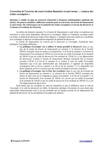 Correction de l'exercice du cours Gestion financiÃ¨re Ã  court terme ...