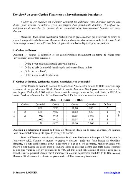 Exercice 9 du cours Gestion FinanciÃ¨re : Â« Investissements boursiers Â»