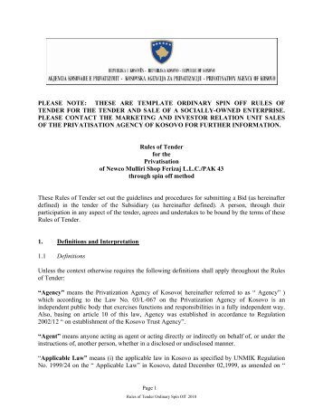 Rules of Tender for the Privatisation of Newco Mulliri Shop Ferizaj ...