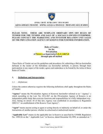 Rules of Tender for the Privatisation of Newco Lux Supermarket L.L.C.