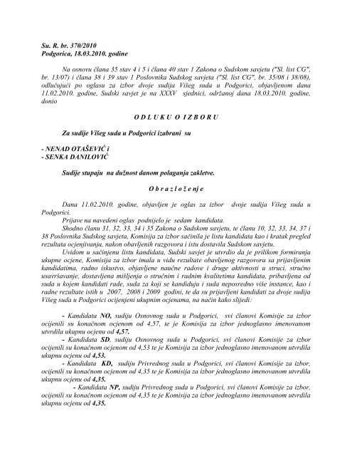 Odluke o izboru sudija u 2010 godini - Sudovi Crne Gore