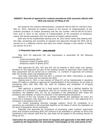 SUBJECT: Records of approval for customs procedures with ...