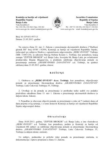 Komisija za hartije od vrijednosti Republike Srpske ... - Blberza.com