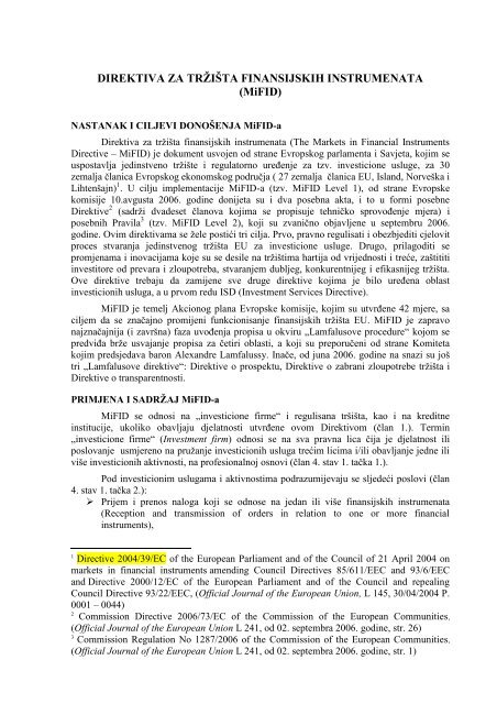 DIREKTIVA ZA TRÅ¢IÅ TA FINANSIJSKIH INSTRUMENATA (MiFID)