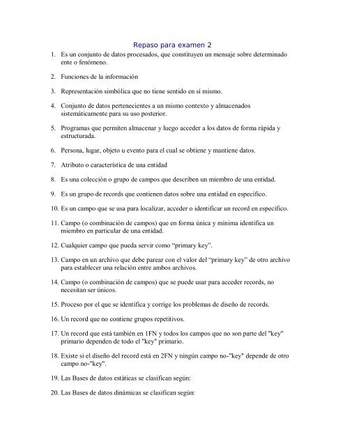 Repaso para examen 2 1. Es un conjunto de datos ... - Coqui.Net