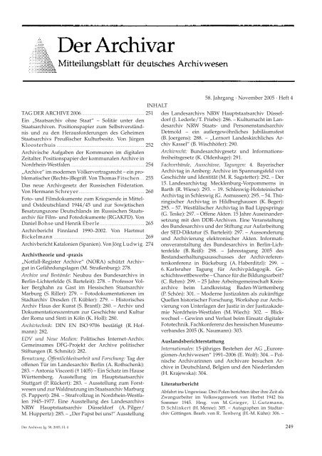 Der Archivar, Heft 4, Nov. 2005 - Archive in Nordrhein-Westfalen