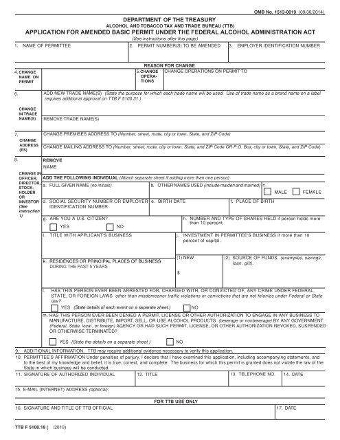 application for amended basic permit under the federal alcohol - TTB