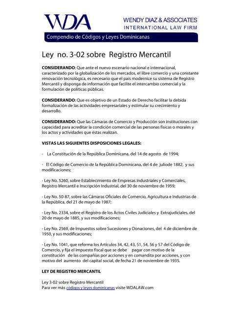 Ley no. 3-02 sobre Registro Mercantil - Wdalaw.com