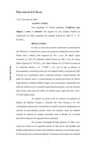 FARFAN, JosÃ© Miguel y otros s-cohecho - Poder Judicial de Mendoza