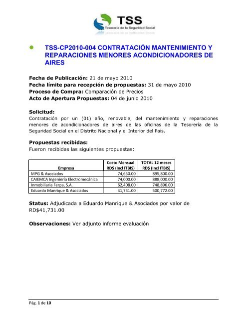 necesidad Suplemento Quinto CP2010-004 Mantenimiento acondicionadores de aire - TSS