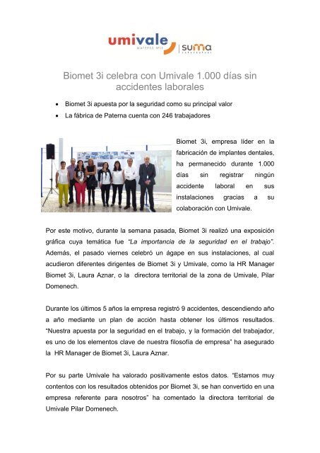 Biomet 3i celebra con Umivale 1.000 dÃ­as sin accidentes laborales