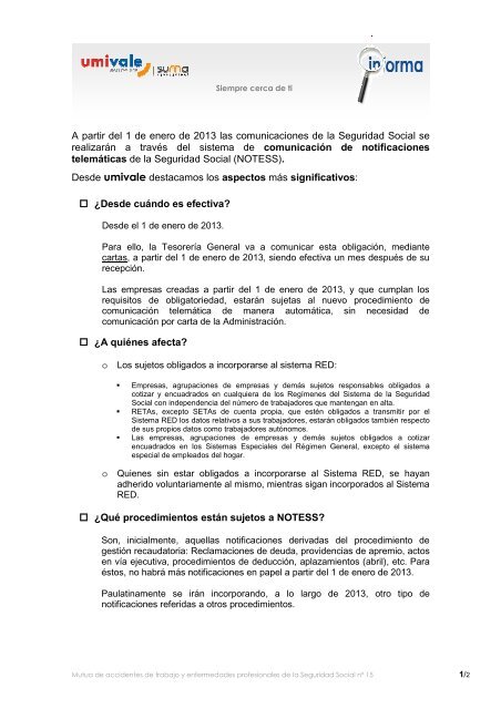 A partir del 1 de enero de 2013 las comunicaciones de la ... - Umivale