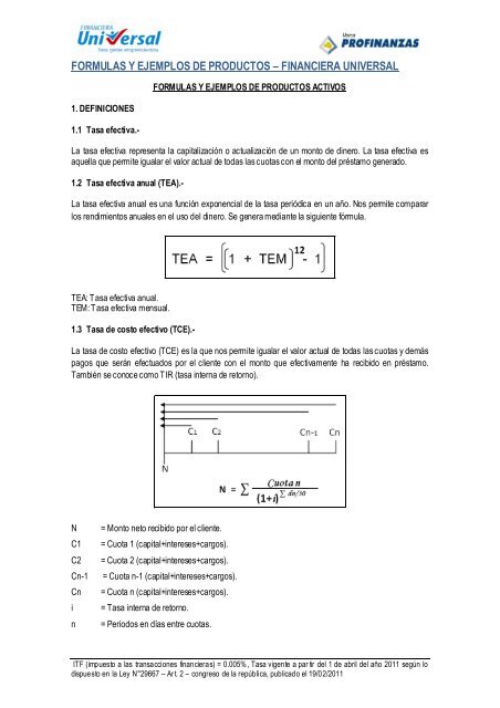 formulas y ejemplos de productos â financiera universal