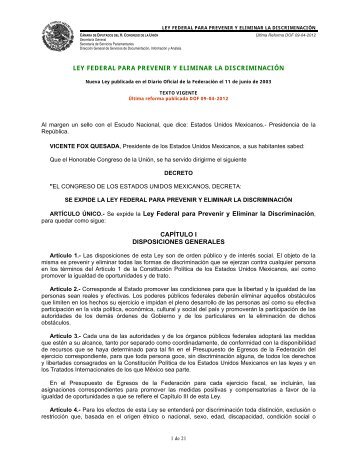 Ley Federal para Prevenir y Eliminar la DiscriminaciÃ³n - Normateca
