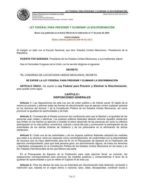 Ley Federal para Prevenir y Eliminar la DiscriminaciÃ³n - Normateca