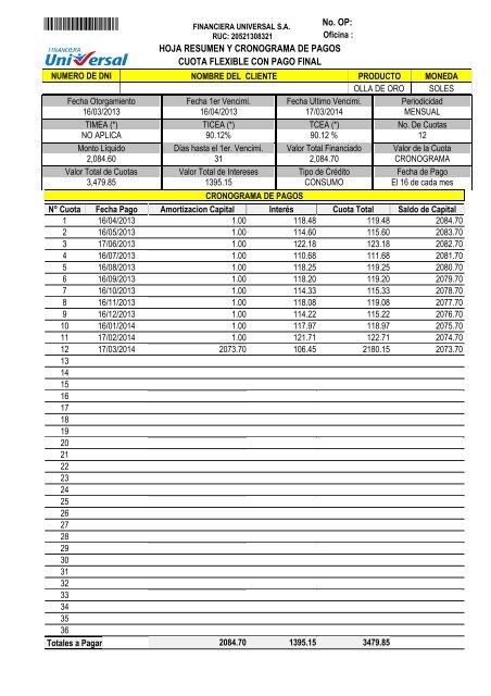 (Liquidaci\363n Olla de Oro) - Financiera Universal