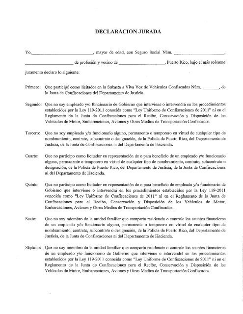 DECLARACION JURADA - Departamento de Justicia de Puerto Rico