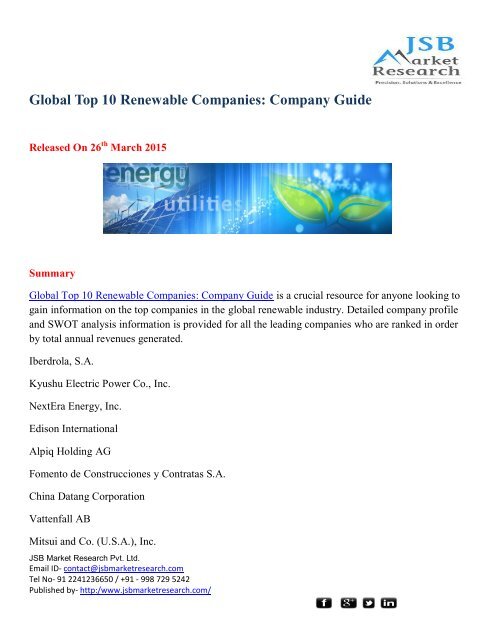 JSB Market Research: Global Top 10 Renewable Companies: Company Guide