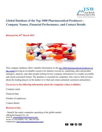 JSB Market Research: Global Database of the Top 1000 Pharmaceutical Producers - Company Names, Financial Performance, and Contact Details 