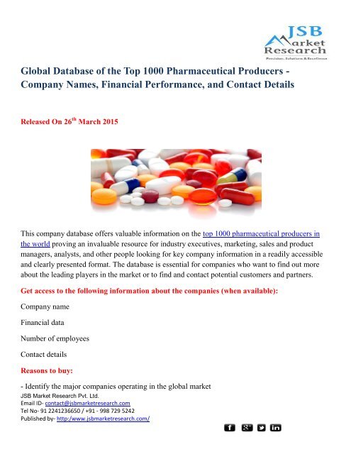 JSB Market Research: Global Database of the Top 1000 Pharmaceutical Producers - Company Names, Financial Performance, and Contact Details 