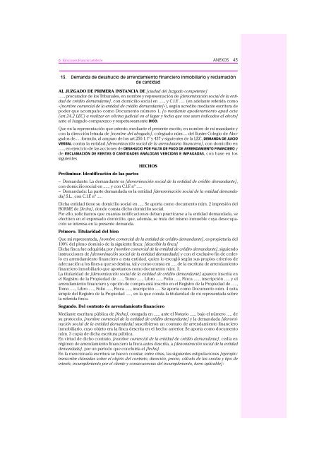 Demanda de desahucio de arrendamiento financiero inmobiliario y ...