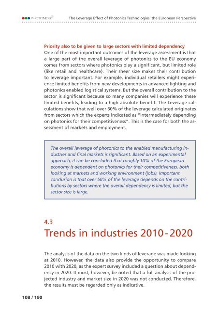 of Photonics Technologies: the European Perspective The Leverage Effect