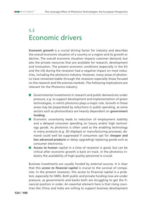 of Photonics Technologies: the European Perspective The Leverage Effect