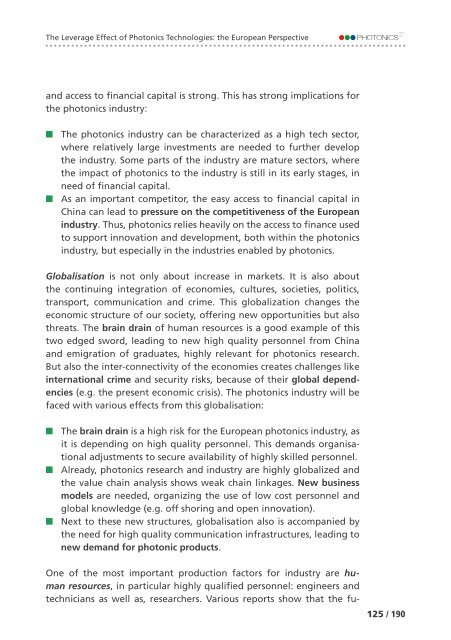 of Photonics Technologies: the European Perspective The Leverage Effect