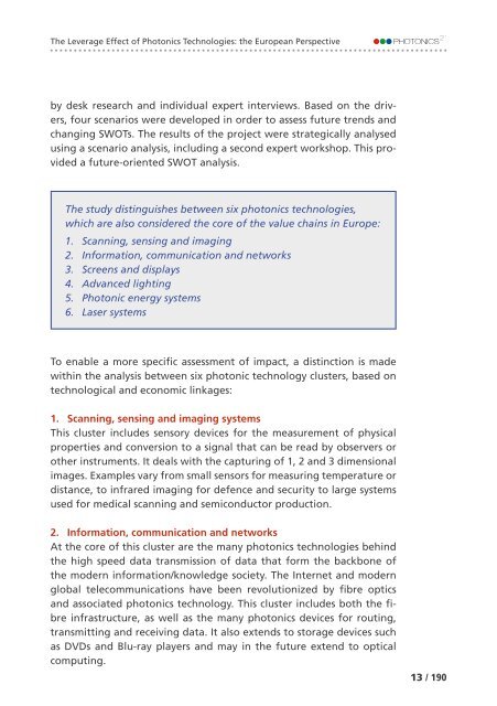 of Photonics Technologies: the European Perspective The Leverage Effect