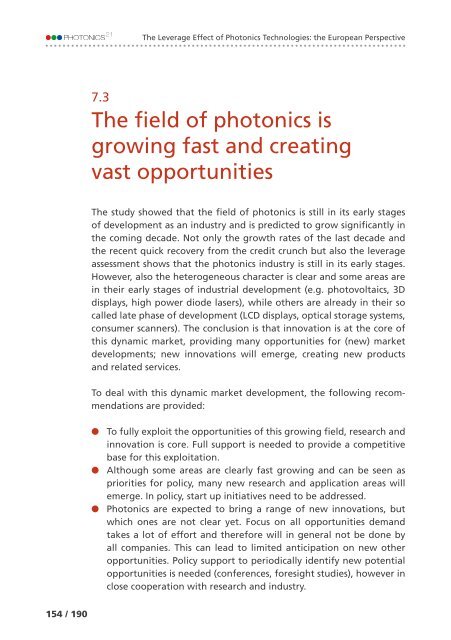of Photonics Technologies: the European Perspective The Leverage Effect