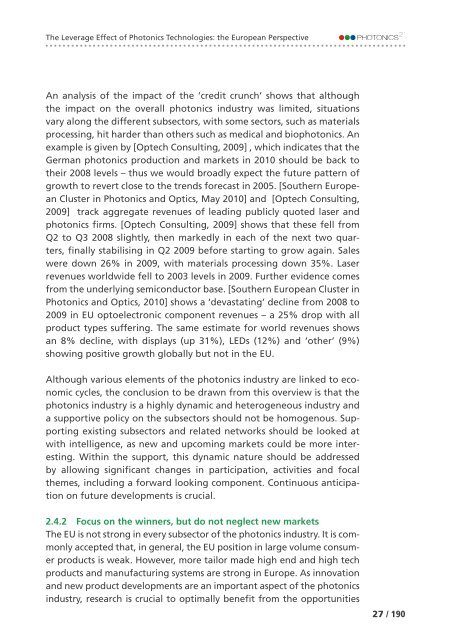 of Photonics Technologies: the European Perspective The Leverage Effect