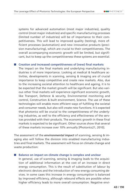 of Photonics Technologies: the European Perspective The Leverage Effect