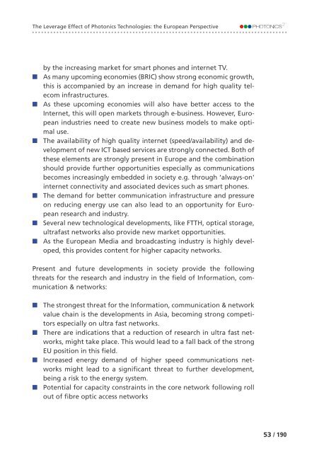 of Photonics Technologies: the European Perspective The Leverage Effect