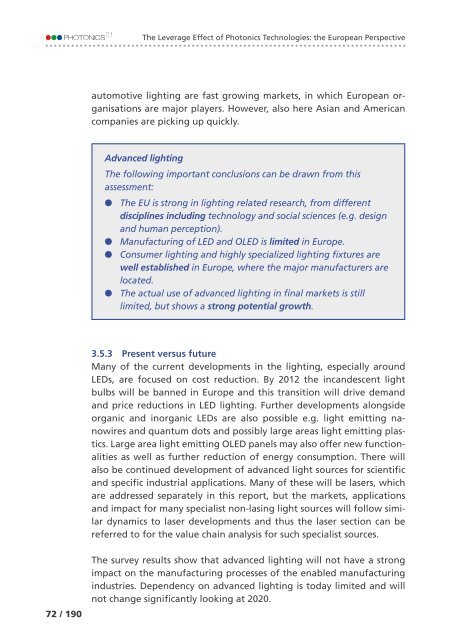 of Photonics Technologies: the European Perspective The Leverage Effect