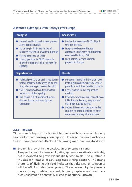 of Photonics Technologies: the European Perspective The Leverage Effect