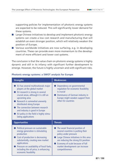 of Photonics Technologies: the European Perspective The Leverage Effect