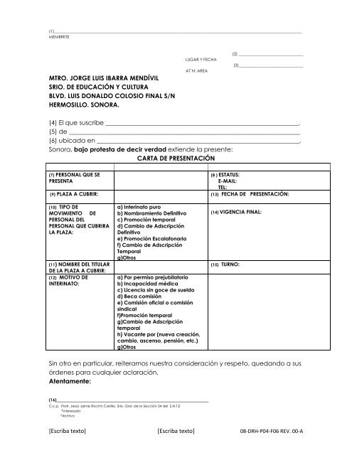 Carta Presentacia N Secretaraa De Educacia N Y Cultura