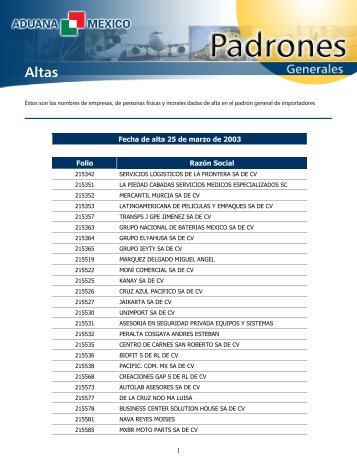 1 Fecha de alta 25 de marzo de 2003 Folio Razón ... - Aduana México