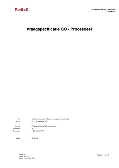 Vraagspecificatie GO - Procesdeel - ProRail