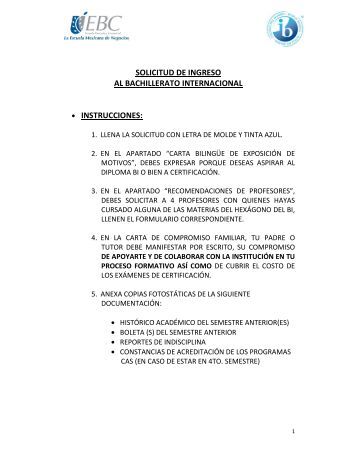 SOLICITUD DE INGRESO APPLICATION FOR  - Colegio Bolivar