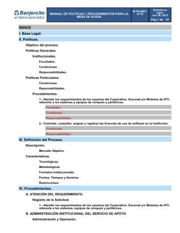 ÍNDICE I. Base Legal. II. Políticas. III. Definición del ... - Banjercito